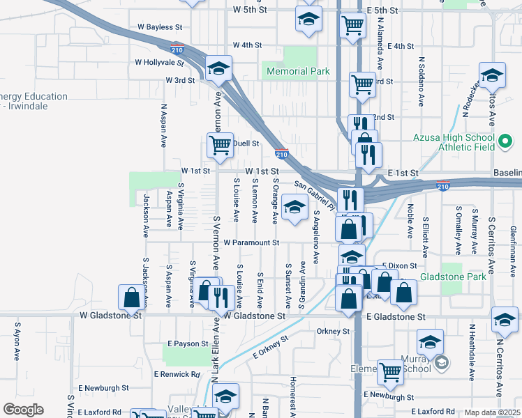 map of restaurants, bars, coffee shops, grocery stores, and more near 200 South Lemon Avenue in Azusa