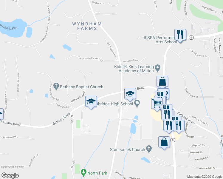 map of restaurants, bars, coffee shops, grocery stores, and more near 2780 Bethany Bend in Alpharetta