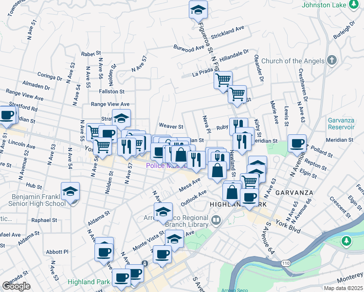 map of restaurants, bars, coffee shops, grocery stores, and more near 6315 Aldama Street in Los Angeles