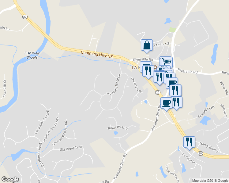 map of restaurants, bars, coffee shops, grocery stores, and more near 6391 Mountain Ridge Circle in Sugar Hill