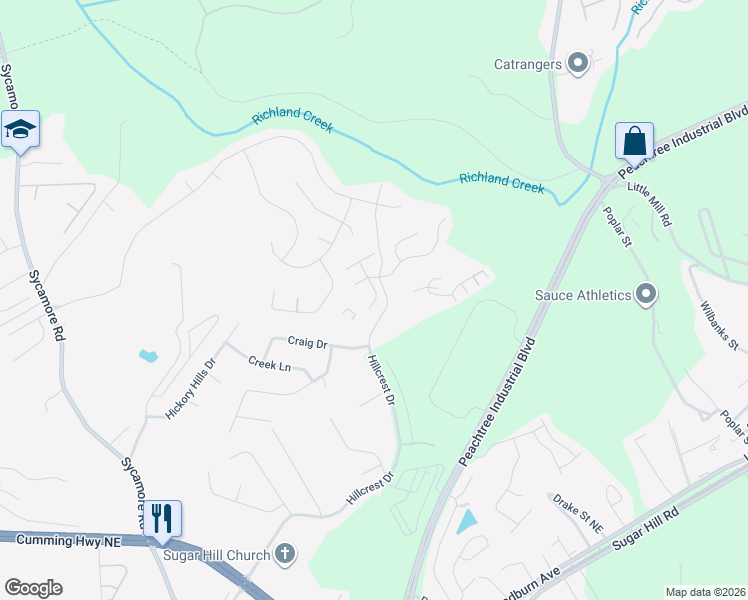 map of restaurants, bars, coffee shops, grocery stores, and more near 5332 Paramount View Way Northeast in Sugar Hill
