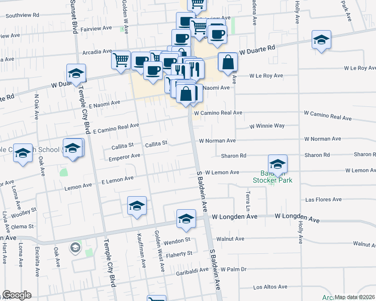 map of restaurants, bars, coffee shops, grocery stores, and more near 709 Sharon Road in Arcadia