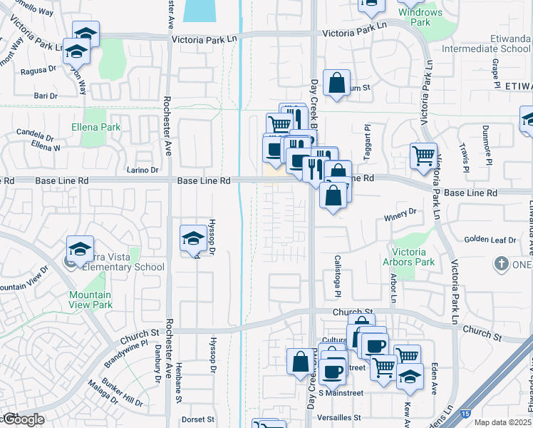 map of restaurants, bars, coffee shops, grocery stores, and more near 7384 Solstice Place in Rancho Cucamonga