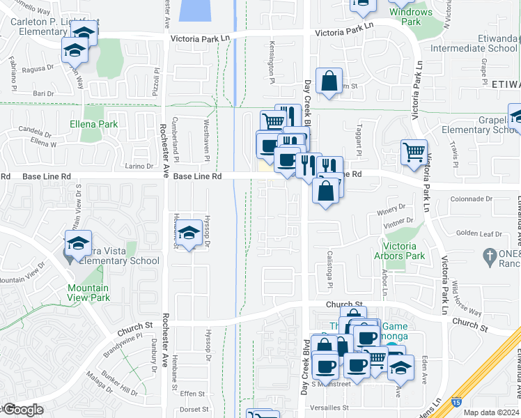 map of restaurants, bars, coffee shops, grocery stores, and more near 7384 Solstice Place in Rancho Cucamonga