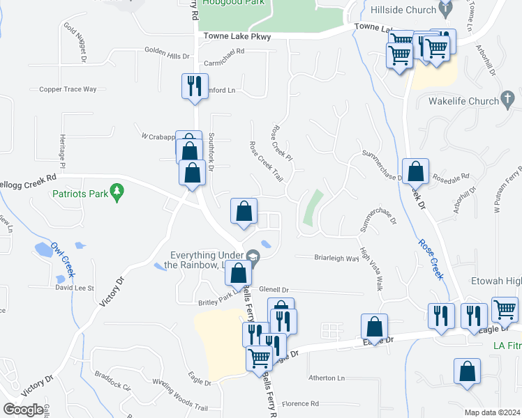 map of restaurants, bars, coffee shops, grocery stores, and more near 329 Mirramont Court in Woodstock