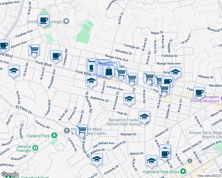 map of restaurants, bars, coffee shops, grocery stores, and more near 5105 Lincoln Avenue in Los Angeles