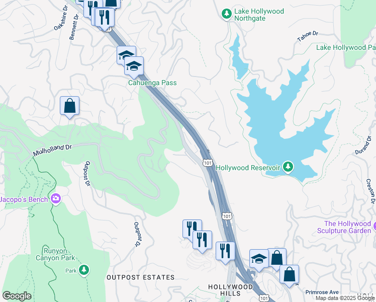 map of restaurants, bars, coffee shops, grocery stores, and more near Cahuenga Boulevard in Los Angeles
