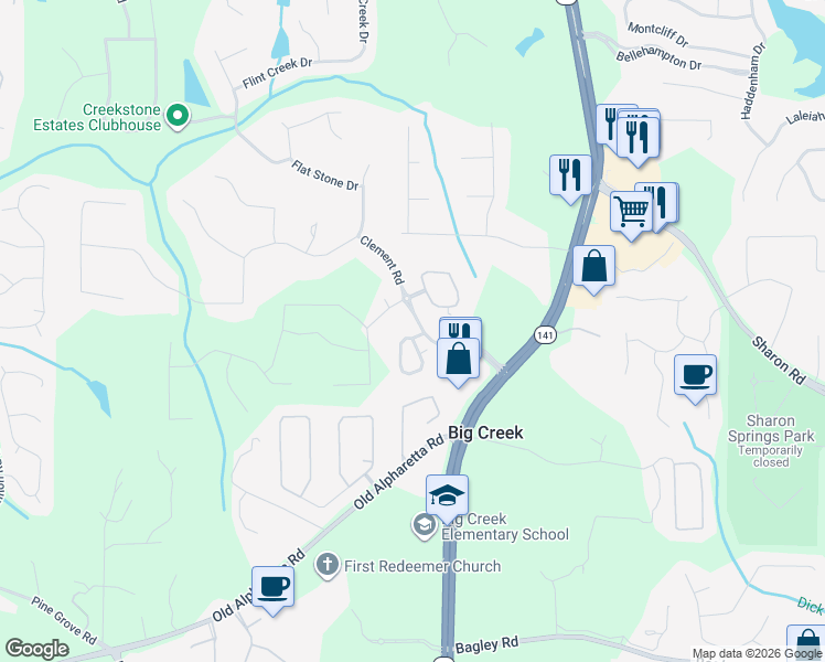 map of restaurants, bars, coffee shops, grocery stores, and more near 2460 Hillandale Circle in Cumming
