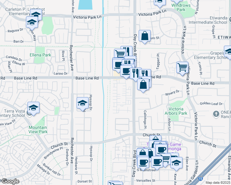 map of restaurants, bars, coffee shops, grocery stores, and more near 7390 Solstice Place in Rancho Cucamonga