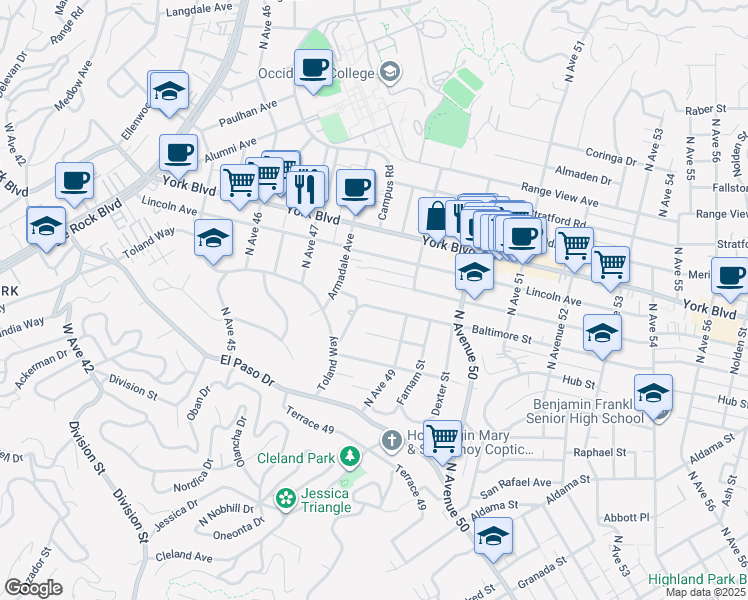 map of restaurants, bars, coffee shops, grocery stores, and more near 4831 Buchanan Street in Los Angeles