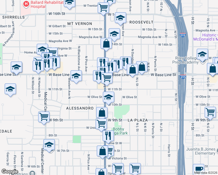 map of restaurants, bars, coffee shops, grocery stores, and more near 1288 West 11th Street in San Bernardino
