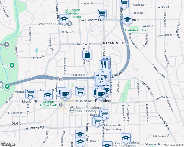 map of restaurants, bars, coffee shops, grocery stores, and more near 1413 Ozmun Court in South Pasadena
