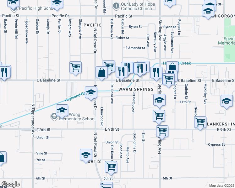 map of restaurants, bars, coffee shops, grocery stores, and more near 25436 Paloma Road in San Bernardino