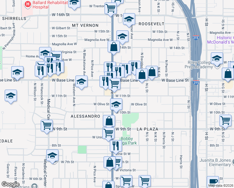 map of restaurants, bars, coffee shops, grocery stores, and more near 1288 West 11th Street in San Bernardino