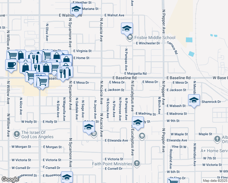 map of restaurants, bars, coffee shops, grocery stores, and more near 575 East Jackson Street in Rialto