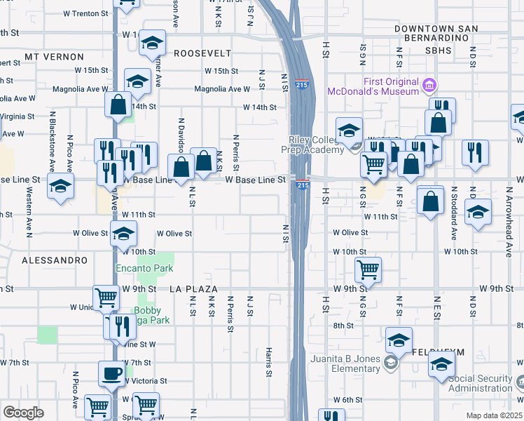 map of restaurants, bars, coffee shops, grocery stores, and more near 986 West 11th Street in San Bernardino