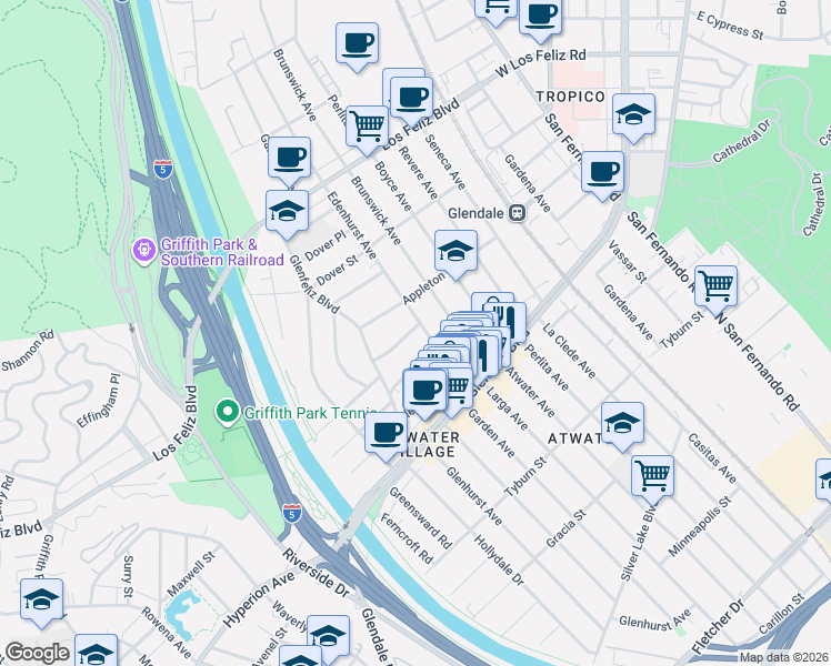 map of restaurants, bars, coffee shops, grocery stores, and more near 3767 Edenhurst Avenue in Los Angeles