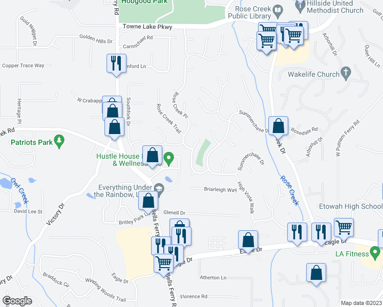 map of restaurants, bars, coffee shops, grocery stores, and more near 3010 Summer Point Drive in Woodstock