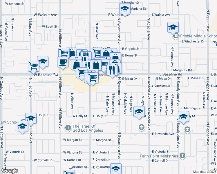 map of restaurants, bars, coffee shops, grocery stores, and more near 225 East Jackson Street in Rialto