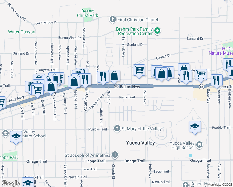 map of restaurants, bars, coffee shops, grocery stores, and more near 56310 Pima Trail in Yucca Valley
