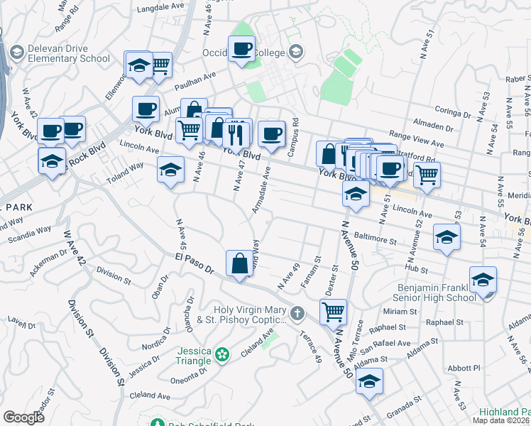 map of restaurants, bars, coffee shops, grocery stores, and more near 4801 Buchanan Street in Los Angeles