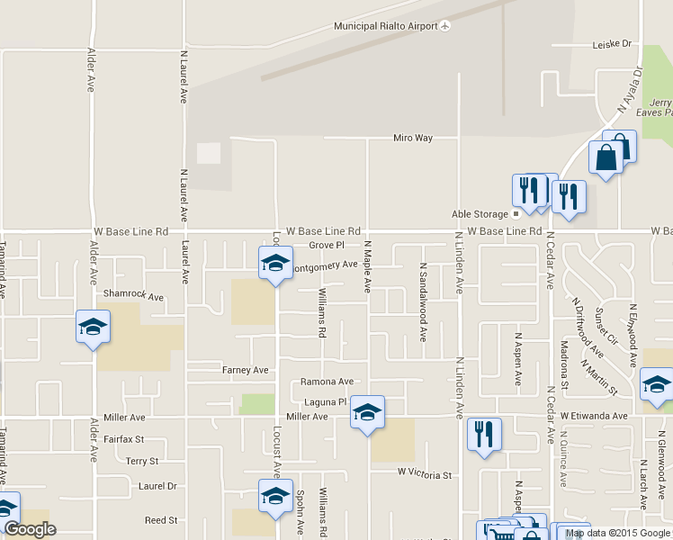 map of restaurants, bars, coffee shops, grocery stores, and more near 18233 Montgomery Avenue in Fontana