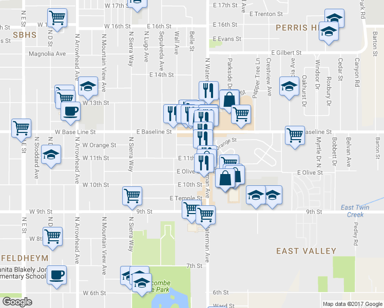 map of restaurants, bars, coffee shops, grocery stores, and more near 256 East 11th Street in San Bernardino