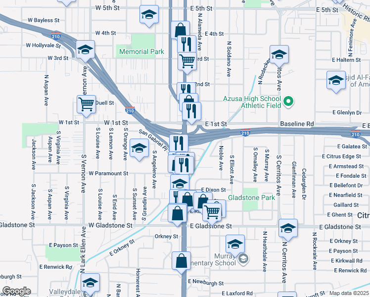 map of restaurants, bars, coffee shops, grocery stores, and more near 138 South Azusa Avenue in Azusa