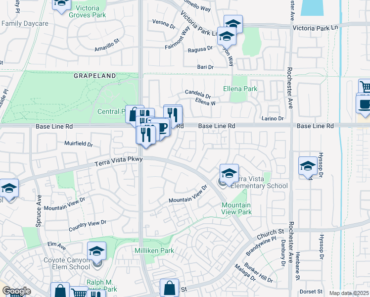 map of restaurants, bars, coffee shops, grocery stores, and more near 7353 Ellena West in Rancho Cucamonga