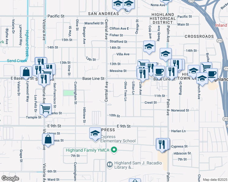 map of restaurants, bars, coffee shops, grocery stores, and more near 27005 Base Line Street in Highland