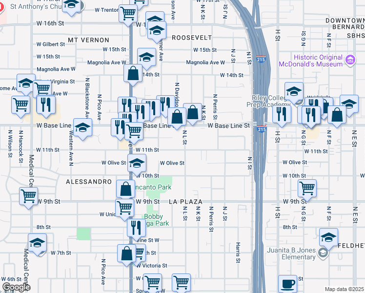 map of restaurants, bars, coffee shops, grocery stores, and more near 1155 North L Street in San Bernardino