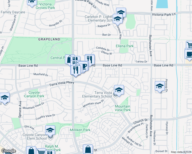 map of restaurants, bars, coffee shops, grocery stores, and more near 104 Ellena West in Rancho Cucamonga