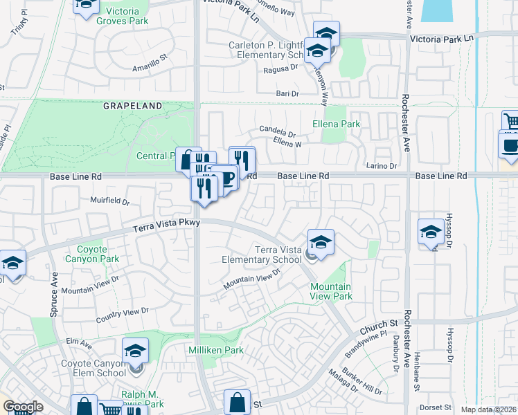 map of restaurants, bars, coffee shops, grocery stores, and more near 7353 Ellena West in Rancho Cucamonga