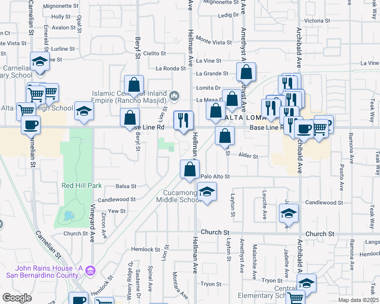 map of restaurants, bars, coffee shops, grocery stores, and more near 9267 Spur Drive in Rancho Cucamonga