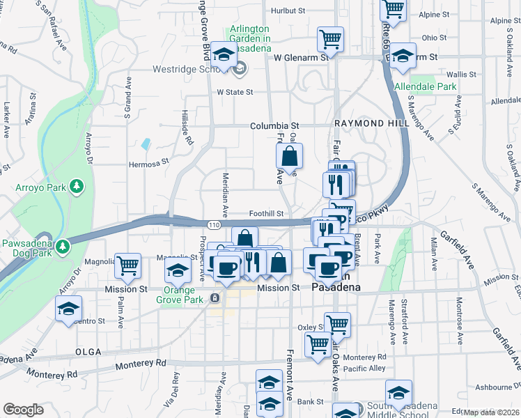 map of restaurants, bars, coffee shops, grocery stores, and more near 1109 Buena Vista Street in South Pasadena