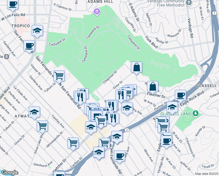 map of restaurants, bars, coffee shops, grocery stores, and more near 3221 Estara Avenue in Los Angeles