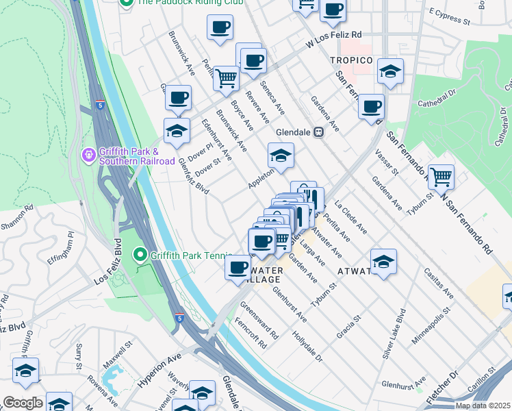 map of restaurants, bars, coffee shops, grocery stores, and more near 3767 Edenhurst Avenue in Los Angeles