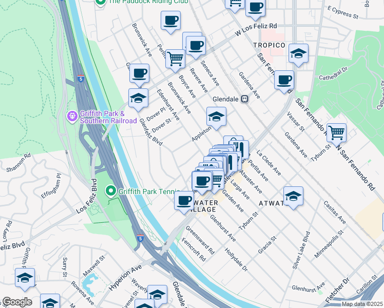 map of restaurants, bars, coffee shops, grocery stores, and more near 3767 Edenhurst Avenue in Los Angeles