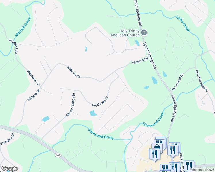 map of restaurants, bars, coffee shops, grocery stores, and more near 7224 Coral Lake Drive in Flowery Branch