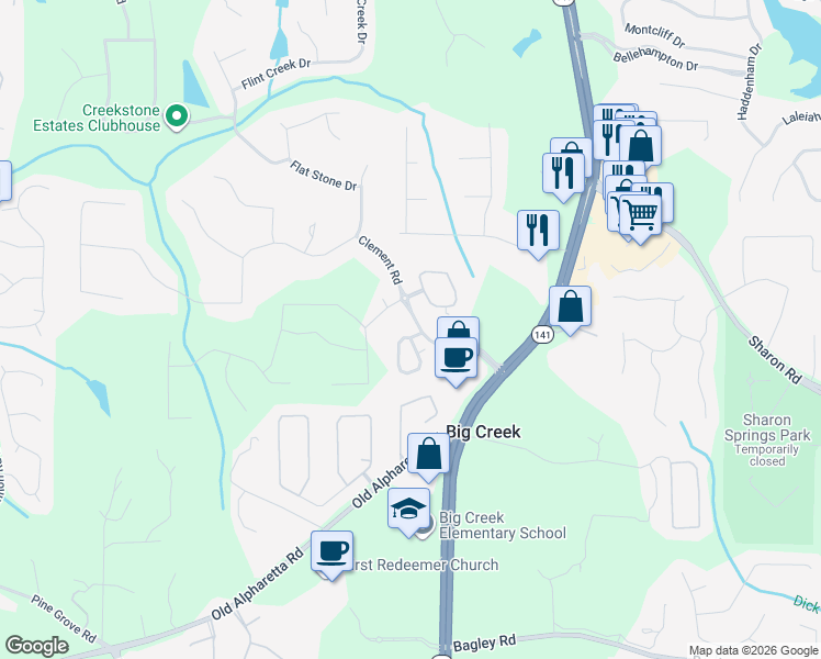 map of restaurants, bars, coffee shops, grocery stores, and more near 2460 Hillandale Circle in Cumming