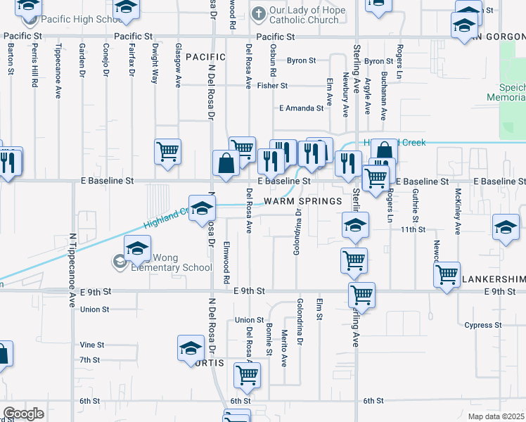 map of restaurants, bars, coffee shops, grocery stores, and more near 25436 Paloma Road in San Bernardino