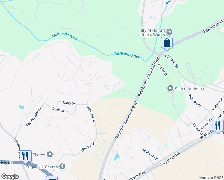 map of restaurants, bars, coffee shops, grocery stores, and more near 1645 Marakanda Trail in Buford