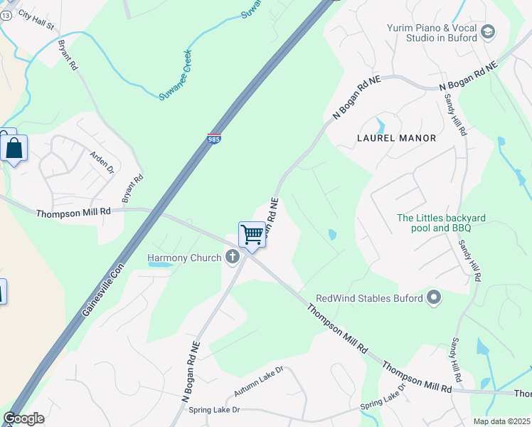 map of restaurants, bars, coffee shops, grocery stores, and more near 3080 North Bogan Road Northeast in Buford