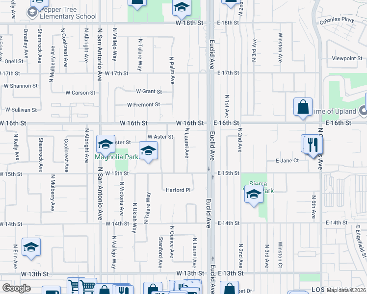 map of restaurants, bars, coffee shops, grocery stores, and more near 1553 North Laurel Avenue in Upland