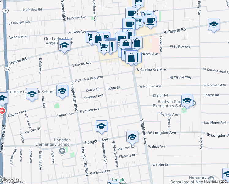 map of restaurants, bars, coffee shops, grocery stores, and more near 9835 Emperor Avenue in Arcadia