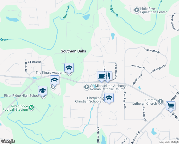 map of restaurants, bars, coffee shops, grocery stores, and more near 204 Regency Lane in Woodstock