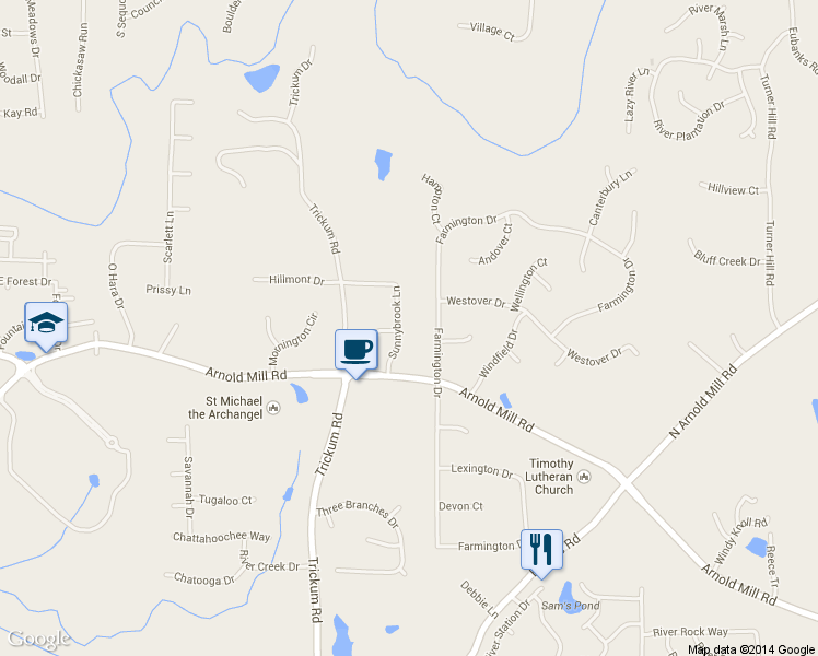 map of restaurants, bars, coffee shops, grocery stores, and more near 110 Sunnybrook Lane in Woodstock