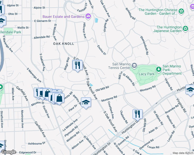 map of restaurants, bars, coffee shops, grocery stores, and more near 1530 Kenmore Road in Pasadena