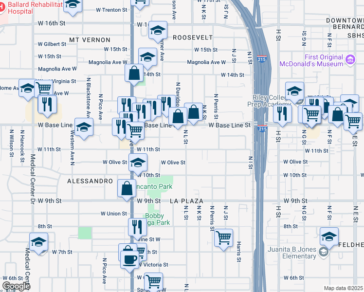 map of restaurants, bars, coffee shops, grocery stores, and more near 1116 West 11th Street in San Bernardino
