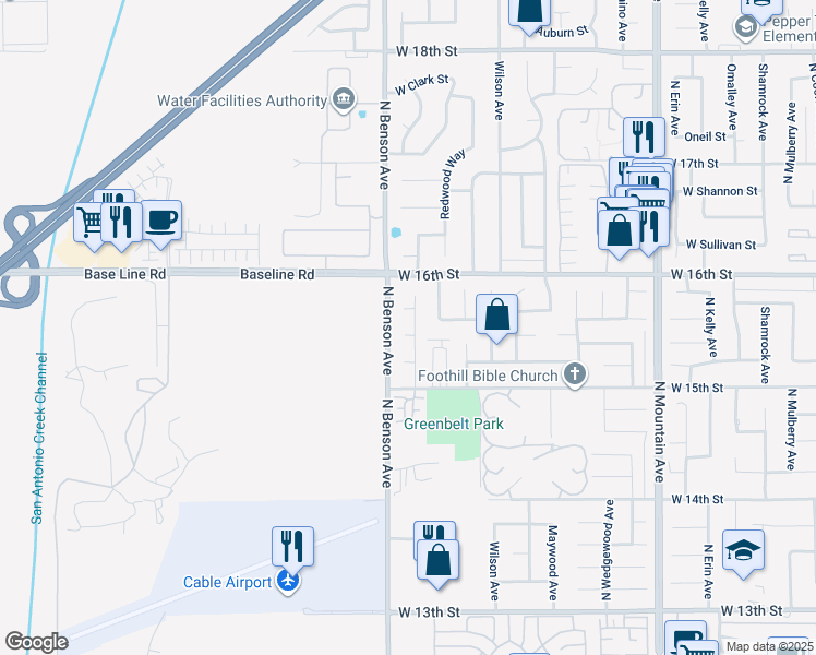 map of restaurants, bars, coffee shops, grocery stores, and more near 1571 Oakdale Court in Upland